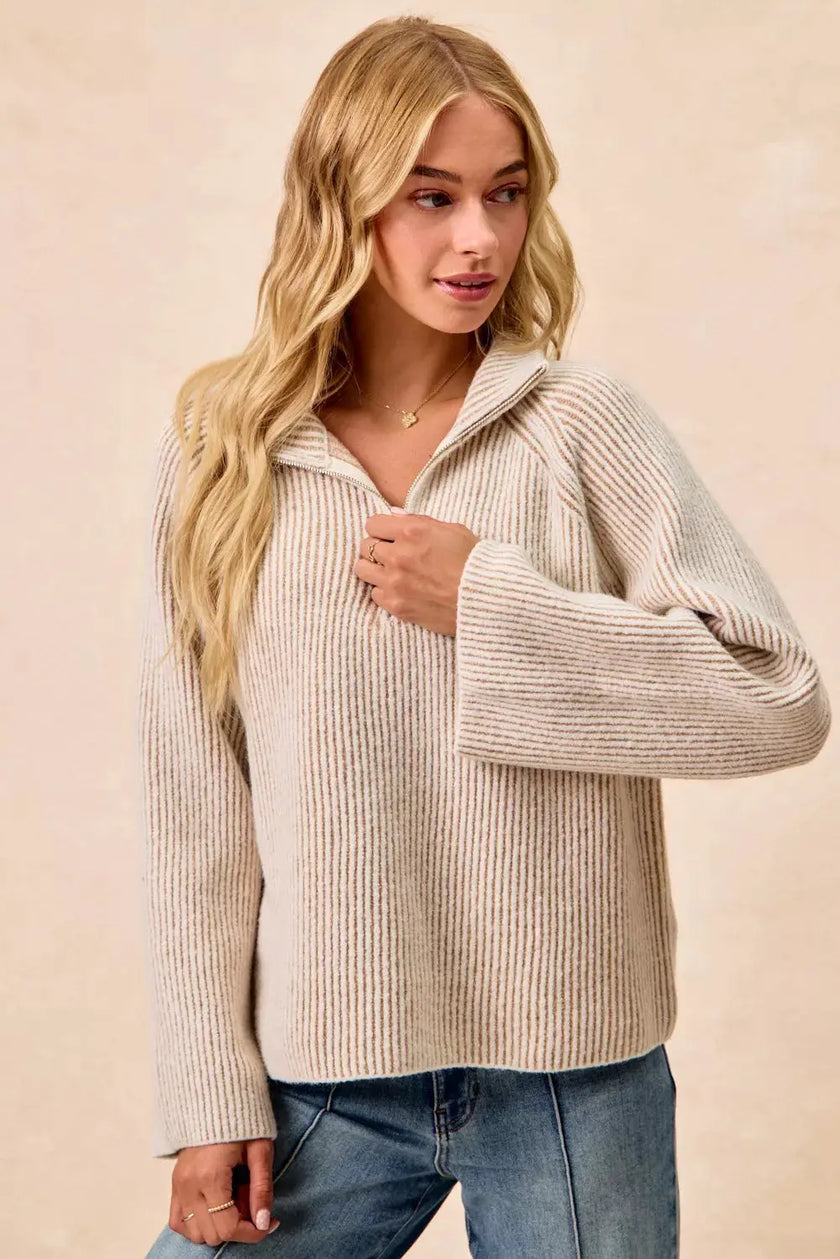 BiBi Two Tone Rib Textured Knit Collared Top with Zip Up  Style Ratio