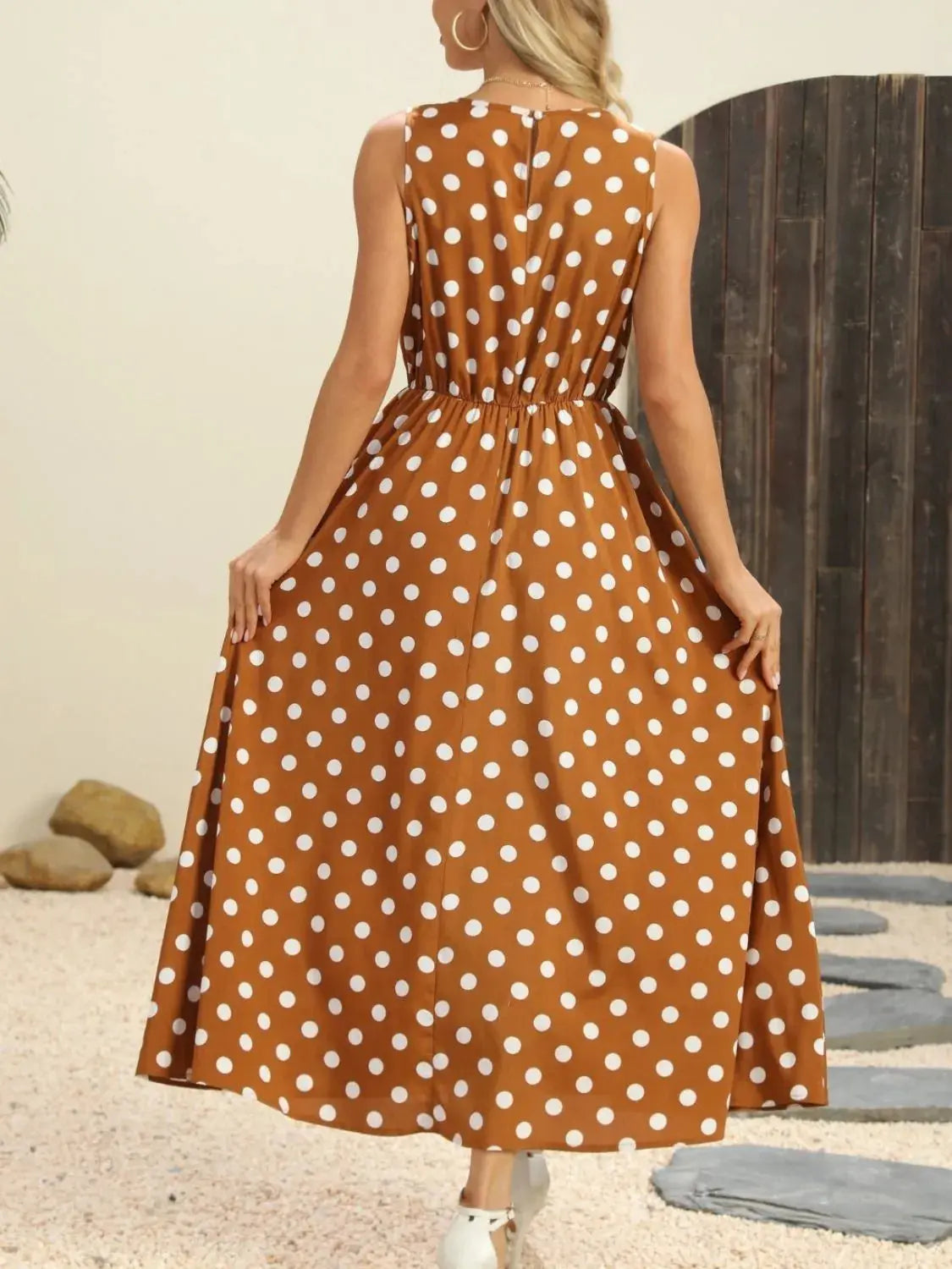 Polka Dot Round Neck Sleeveless Midi Dress  Style Ratio