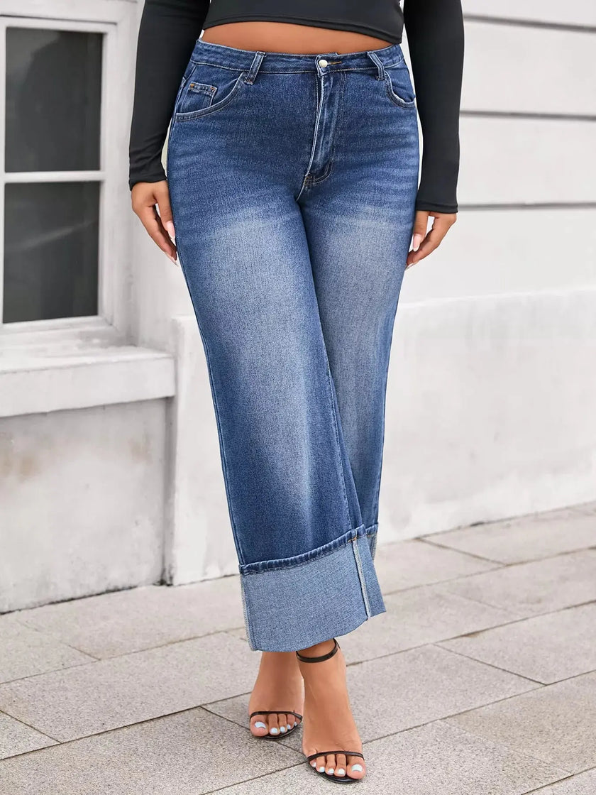 Plus Size High Waist Cuffed Wide Leg Jeans  Style Ratio