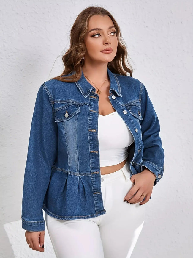 Plus Size Button-Up Peplum Denim Jacket  Style Ratio