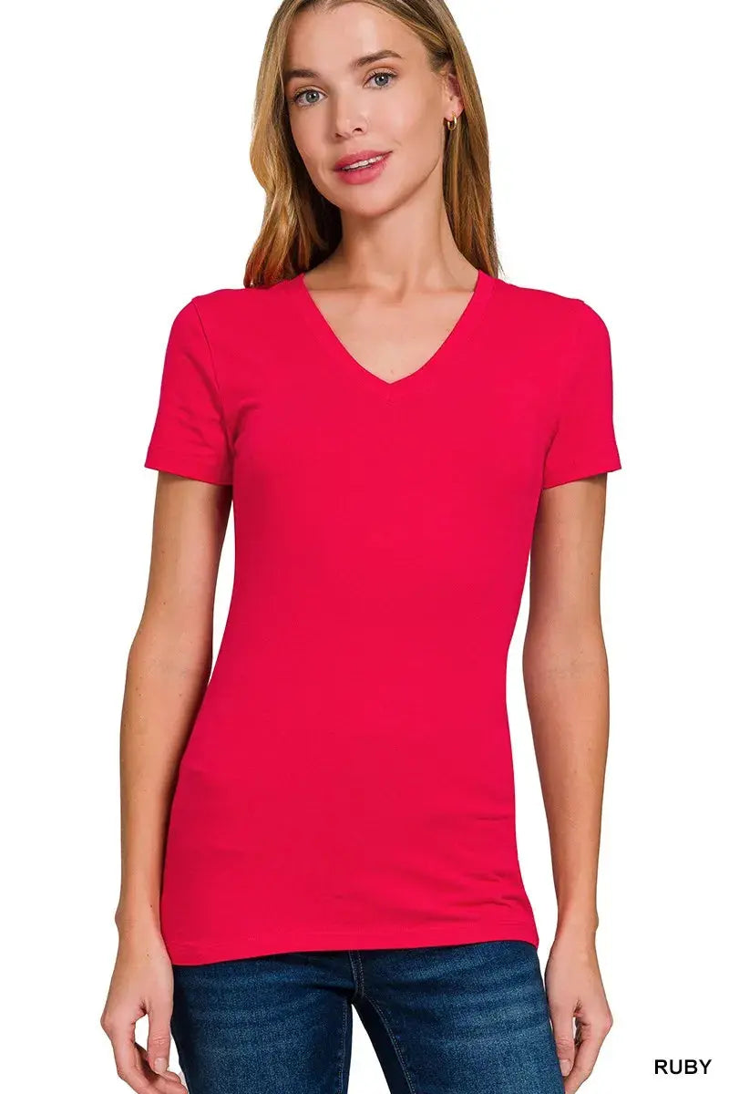 Zenana Basic Cotton V-Neck Short Sleeve Shirt  Style Ratio
