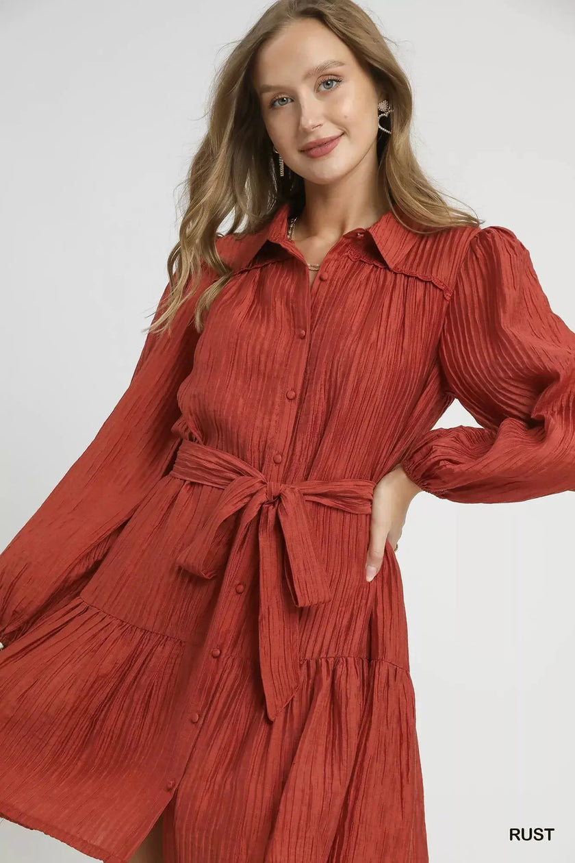 Umgee Crinkle Button-Front Tiered Mini Dress with Waist Tie  Style Ratio