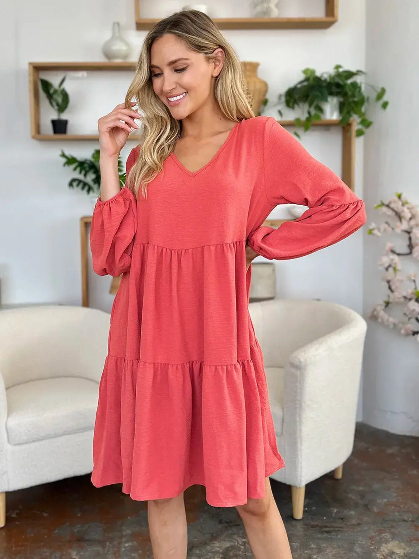 Double Take Full Size V-Neck Balloon Sleeve Tiered Dress with Pockets  Style Ratio