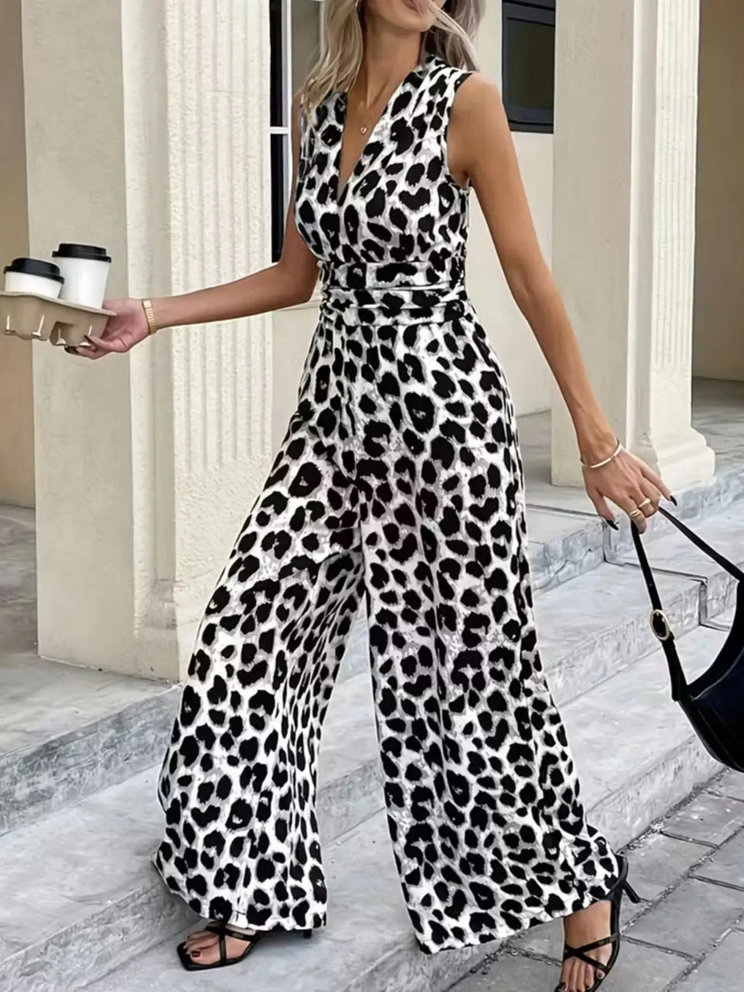 Sleeveless V Neck Leopard Print Jumpsuit  Style Ratio