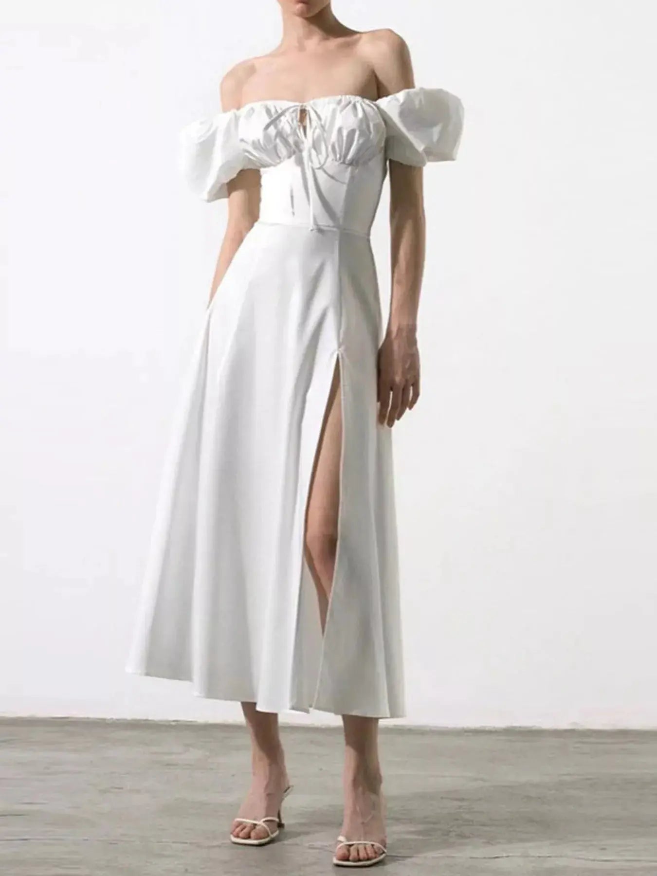 Puff Sleeve Tie Front Slit Midi Dress  Style Ratio