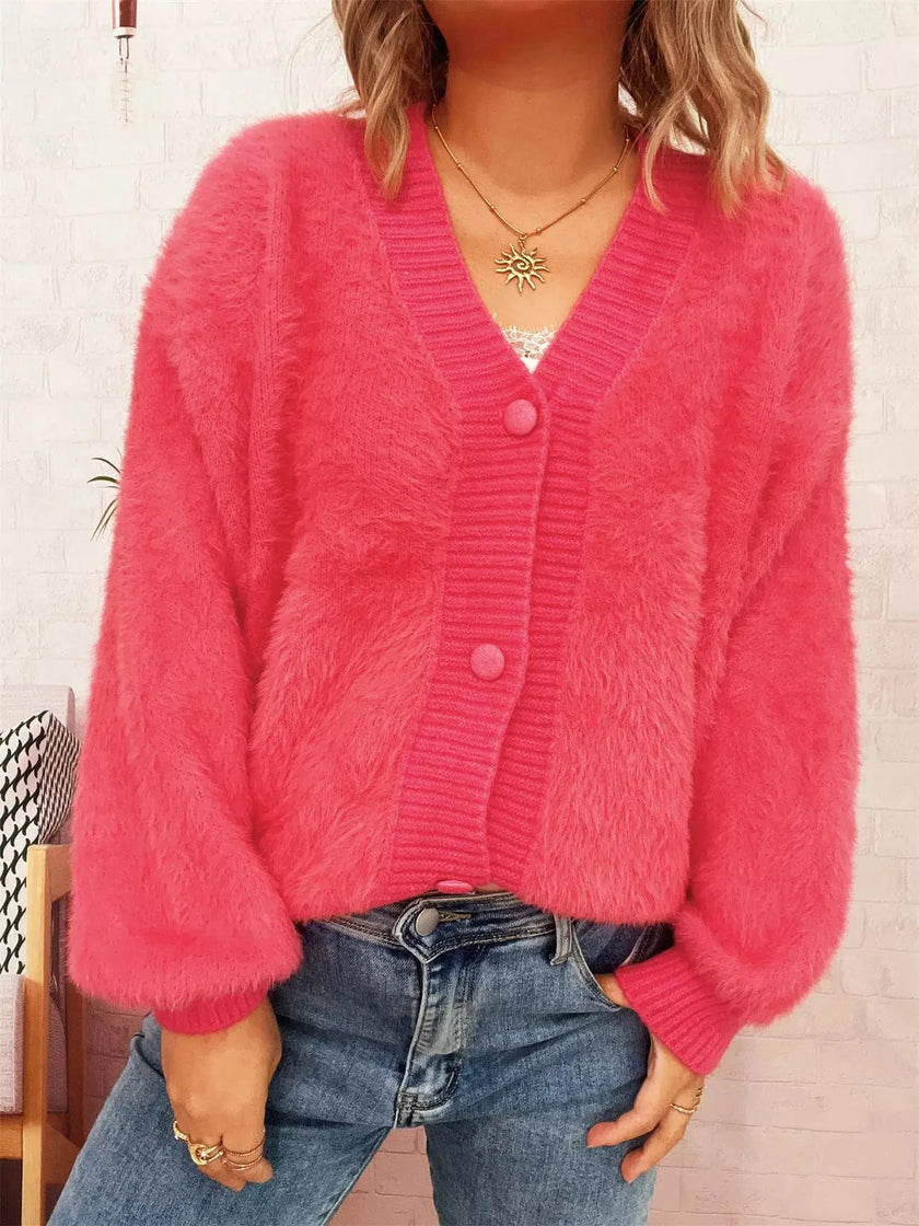 Fuzzy Button-Up Long Sleeve Cardigan  Style Ratio