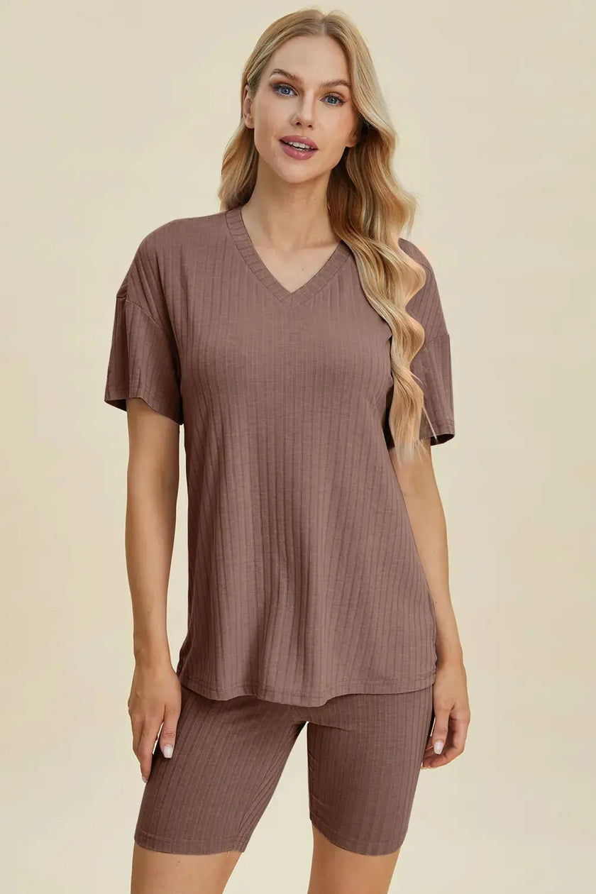 Basic Bae Full Size Ribbed V-Neck Short Sleeve Top and Shorts Loungewear  Style Ratio