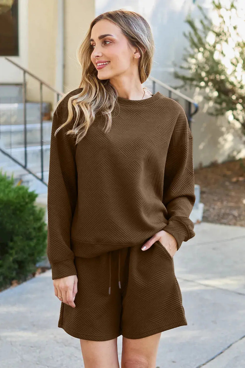 Double Take Full Size Texture Long Sleeve Top and Drawstring Shorts Set  Style Ratio