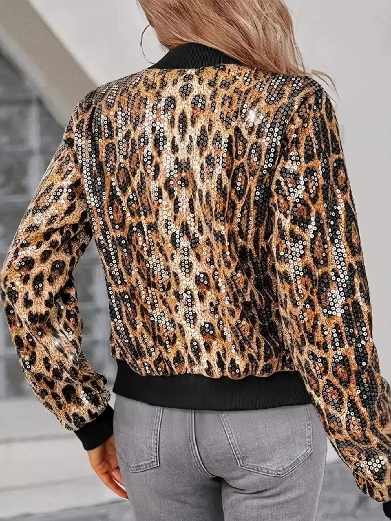 Sequin Leopard Zip Up Jacket  Style Ratio