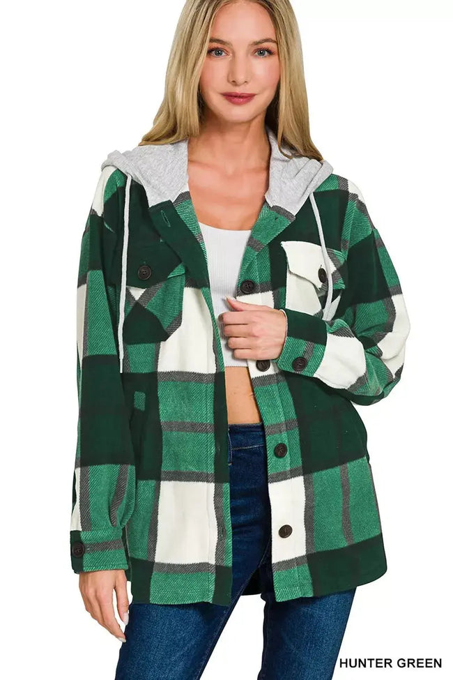 Zenana Plaid Drawstring Hooded Fleece Shacket  Style Ratio
