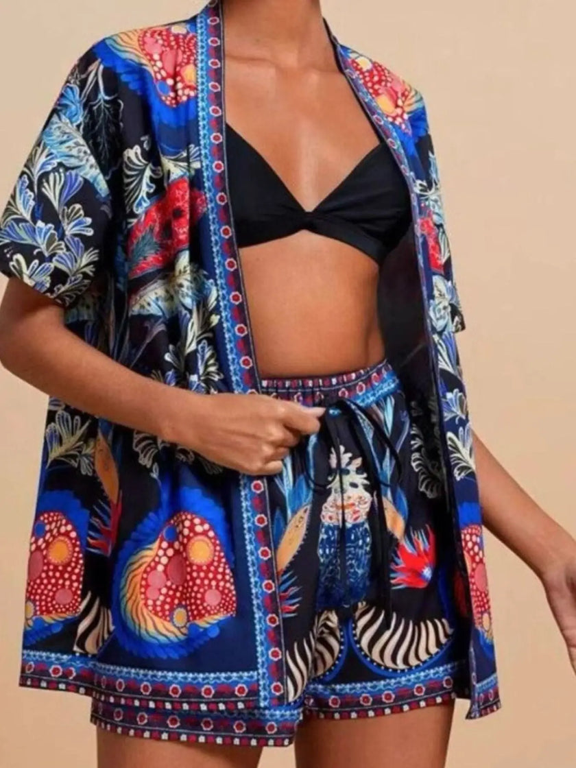 Printed Open Front Cardigan and Shorts Set  Style Ratio