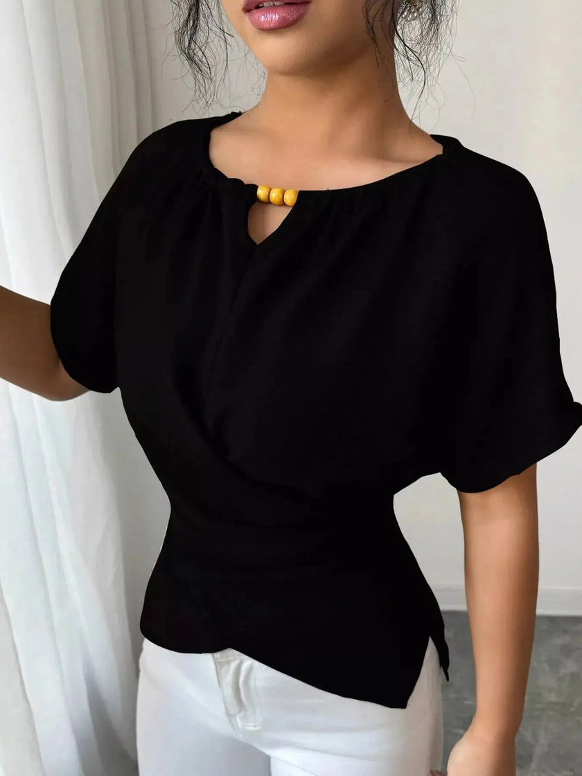 Beaded Neckline Short Sleeve Blouse  Style Ratio