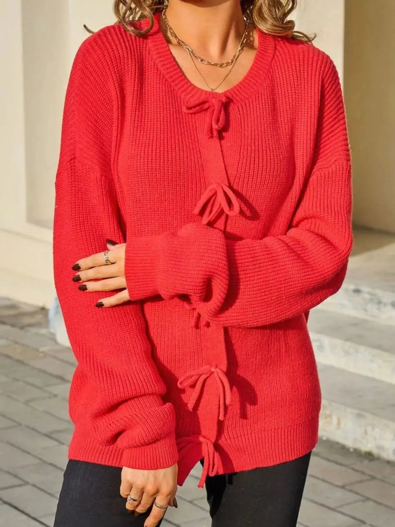Ribbed Knit Bow Tie Cardigan  Style Ratio