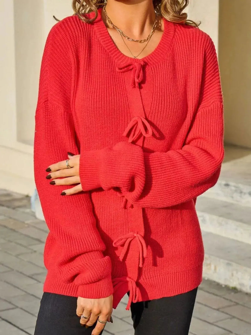 Ribbed Knit Bow Tie Cardigan  Style Ratio