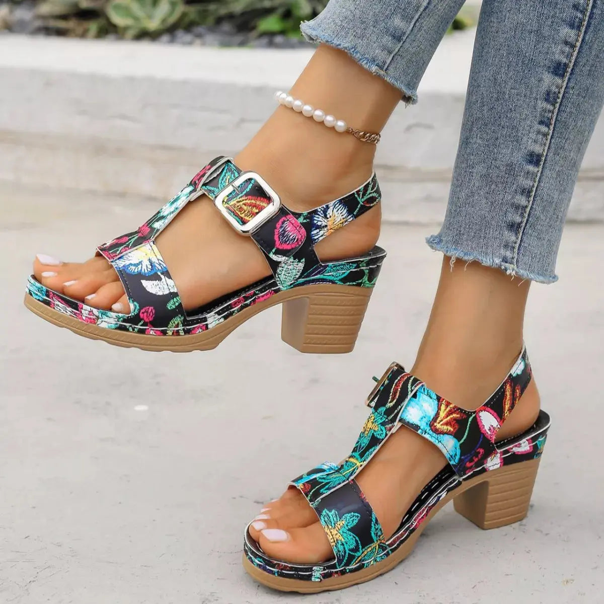 Floral Print Buckle Ankle Strap Block Heel Sandals  Style Ratio