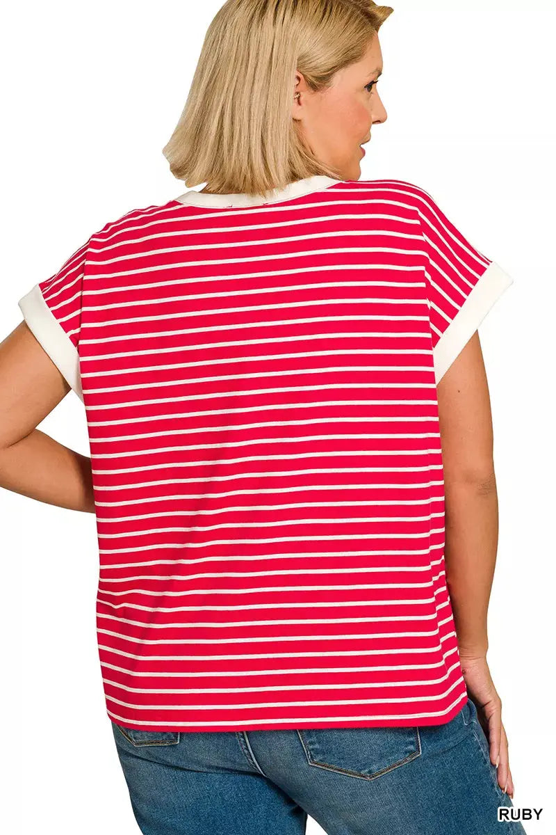 Zenana Full Size Contrast Trim Cap Sleeve Stripe Sweater  Style Ratio