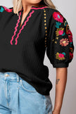 Floral Embroidered Notched Puff Sleeve Blouse  Style Ratio