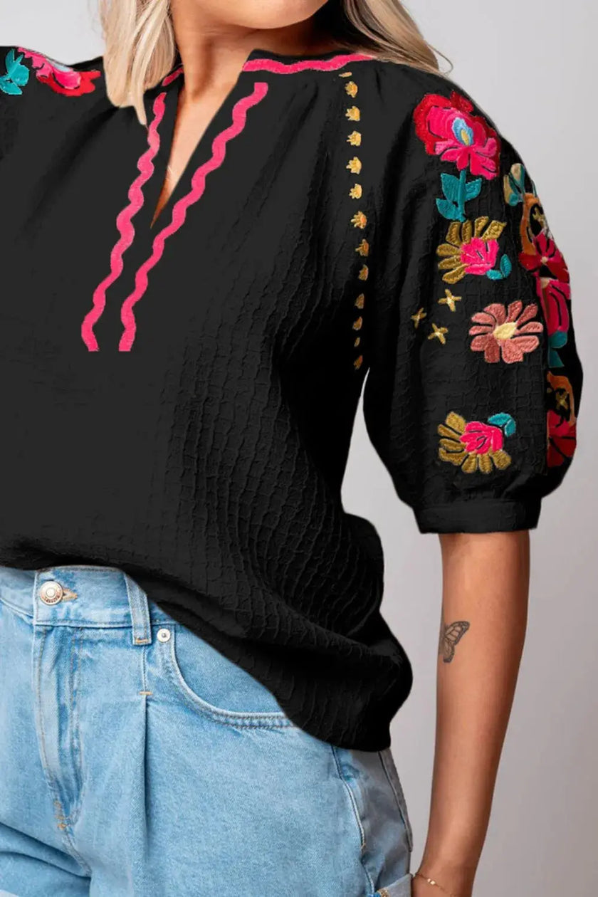 Floral Embroidered Notched Puff Sleeve Blouse  Style Ratio