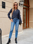 Pleated Notched Neck Flounce Sleeve Blouse  Style Ratio