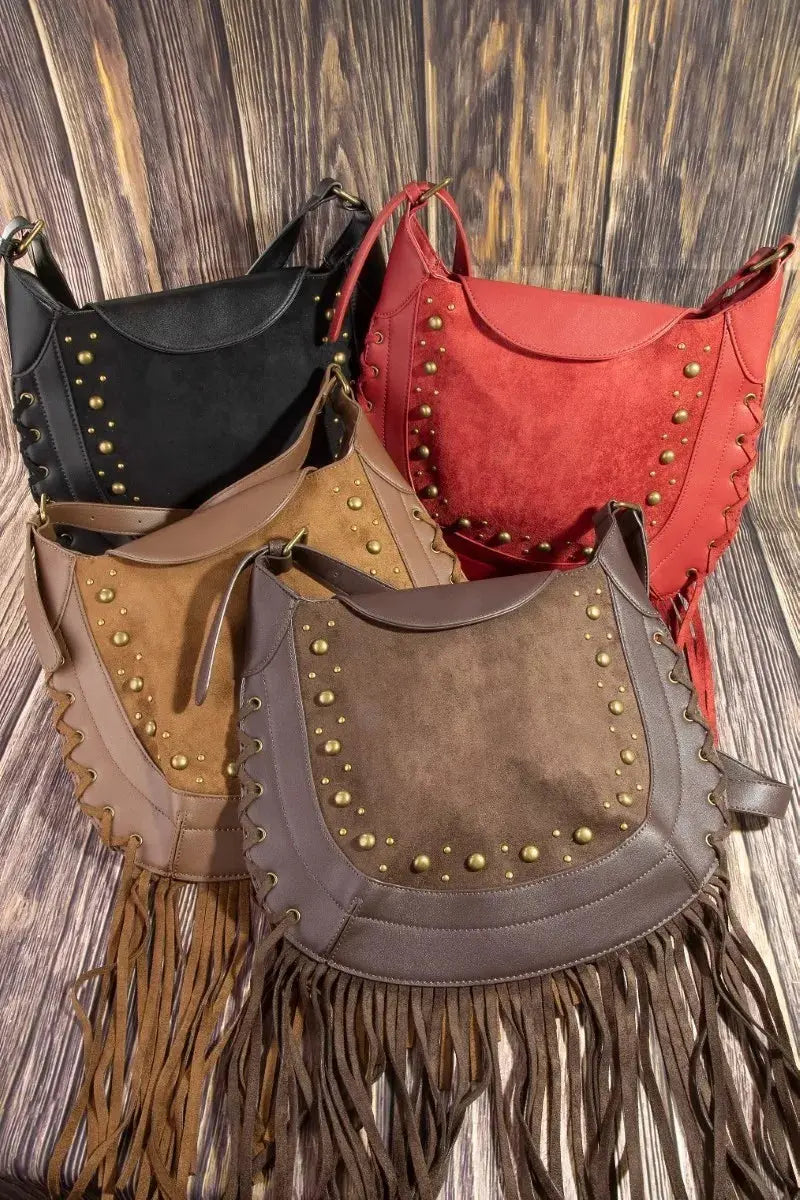 Fame Rivet Trim Suede Fringe Shoulder Bag  Style Ratio