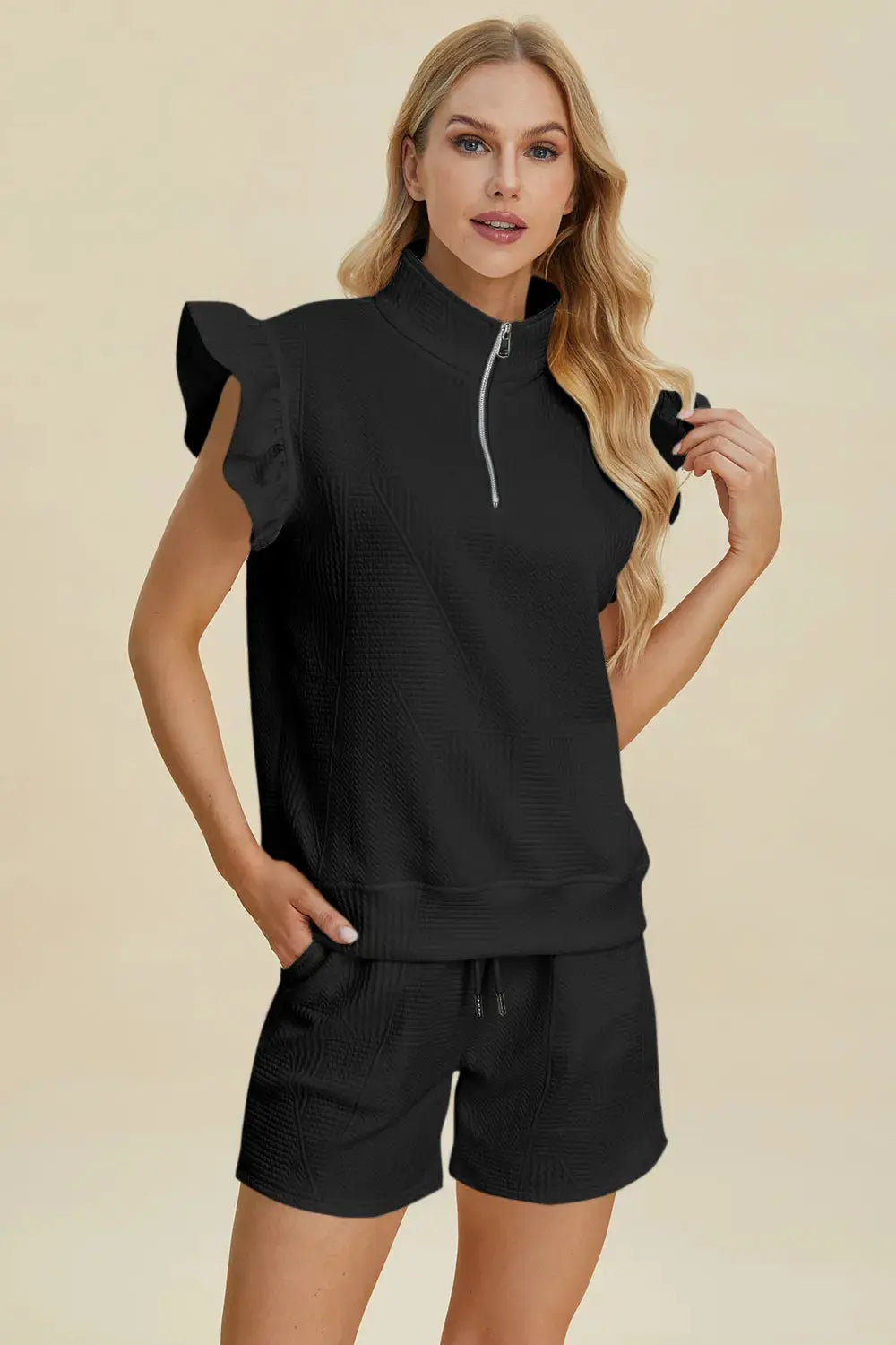 Double Take Full Size Texture Flounce Sleeve Top and Shorts Set  Style Ratio