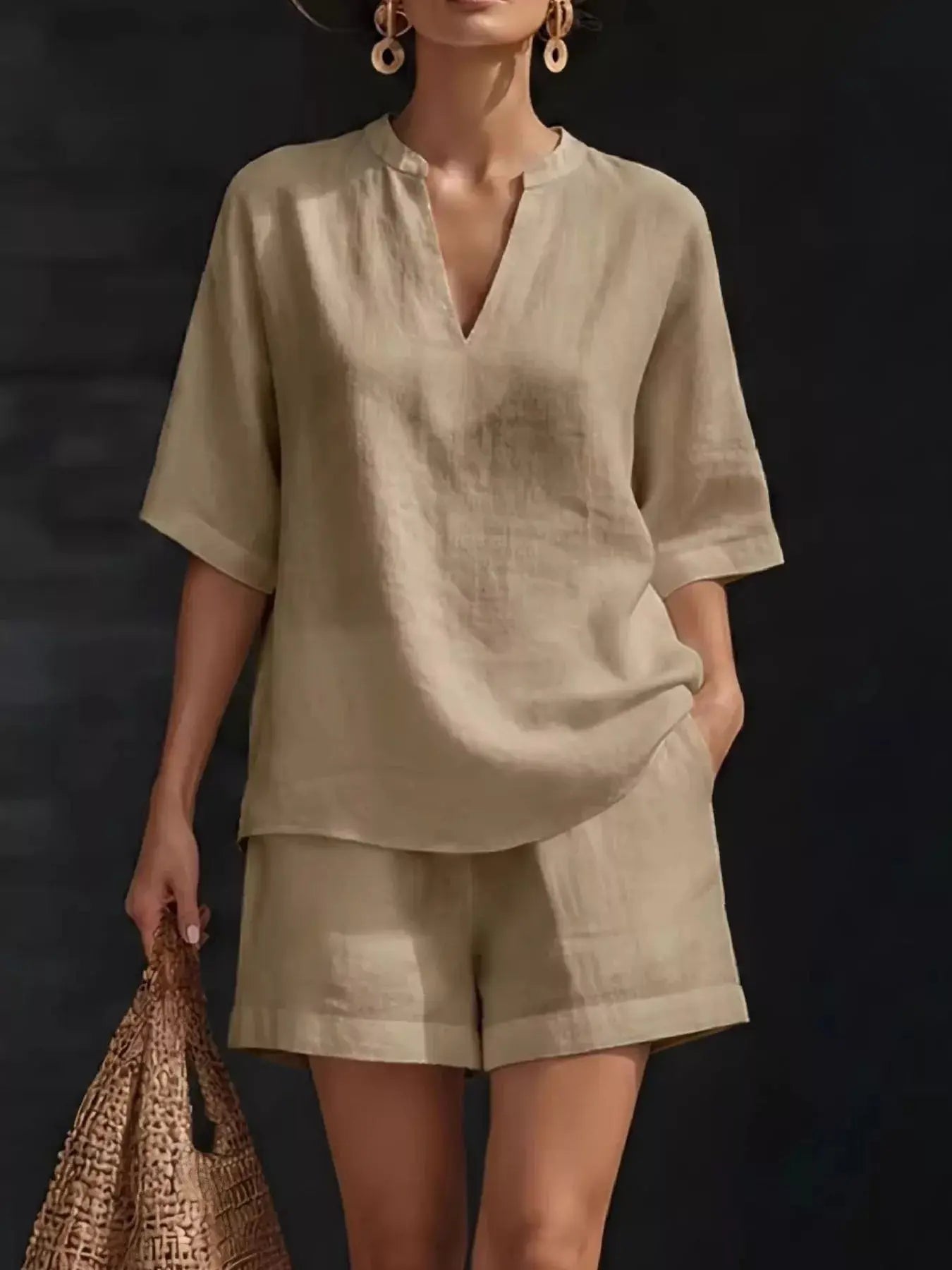 Full Size Notched Half Sleeve Top and Shorts Set  Style Ratio