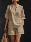 Full Size Notched Half Sleeve Top and Shorts Set  Style Ratio