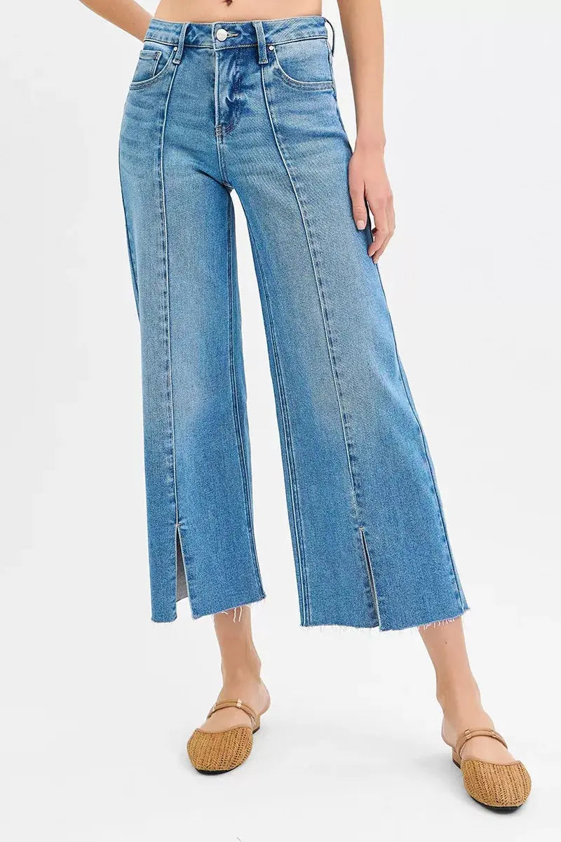 RISEN Tummy Control Mid Rise Crop Wide Front Slit Jeans  Style Ratio