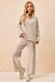 BiBi Two Tone Rib Textured Knit Collared Top with Zip Up  Style Ratio