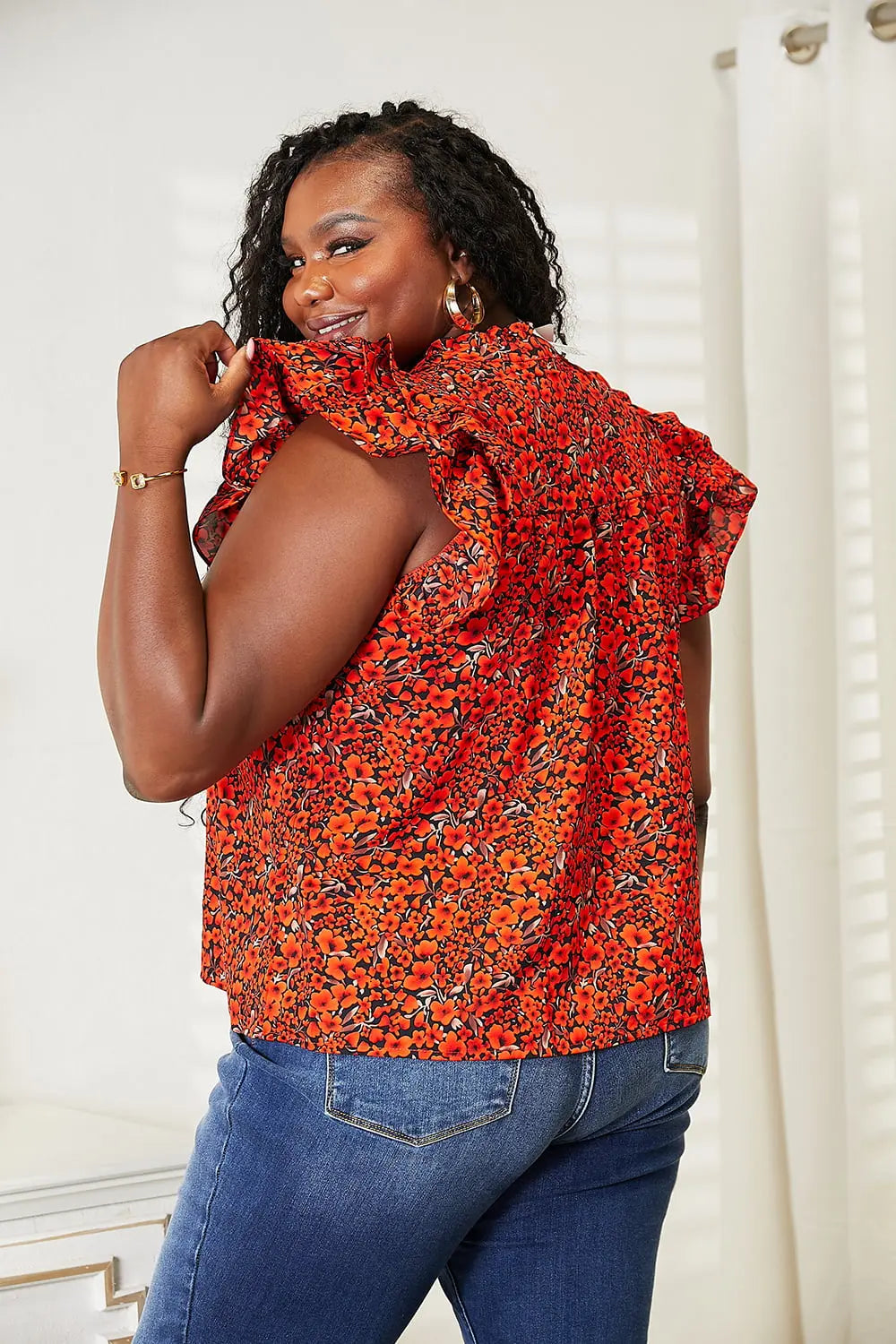 Double Take Floral Flutter Sleeve Notched Neck Blouse  Style Ratio