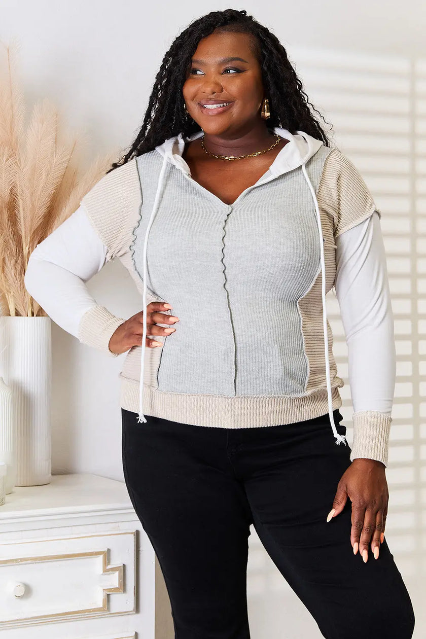 Double Take Color Block Exposed Seam Drawstring Hoodie  Style Ratio