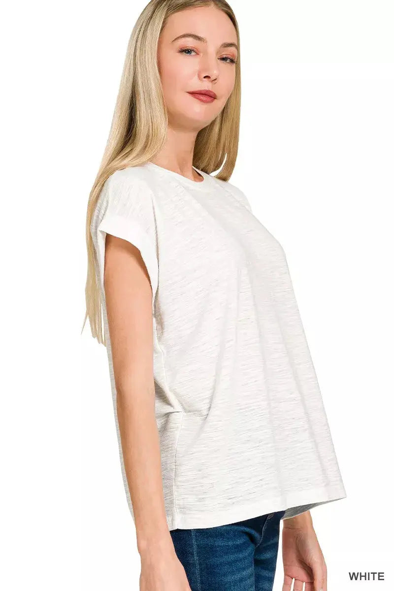 Zenana Slub Cuffed Short Sleeve Tee  Style Ratio