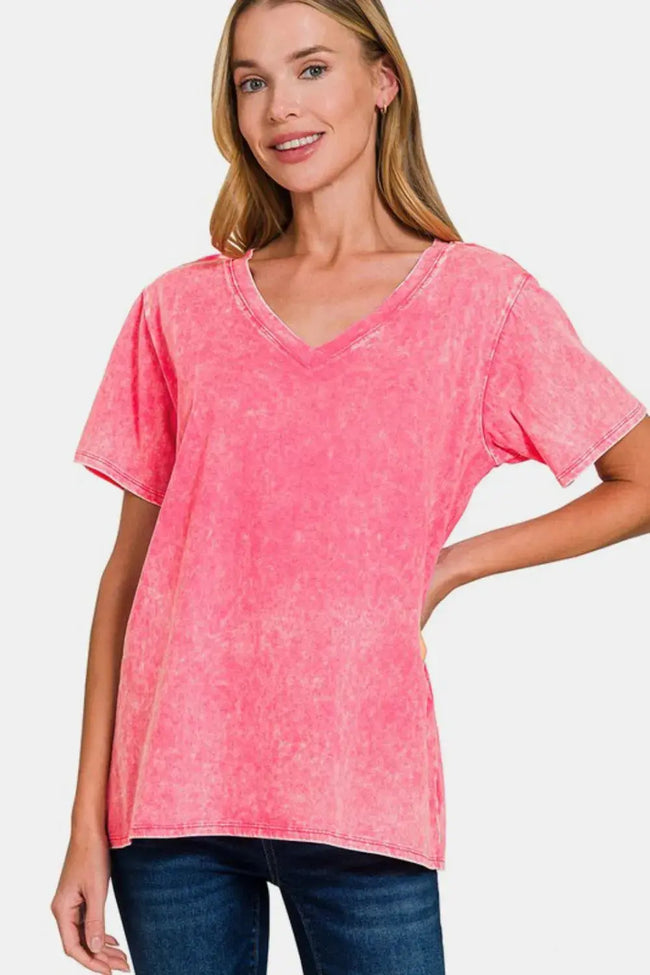Zenana Full Size Washed Short Sleeve V Neck Shirt  Style Ratio