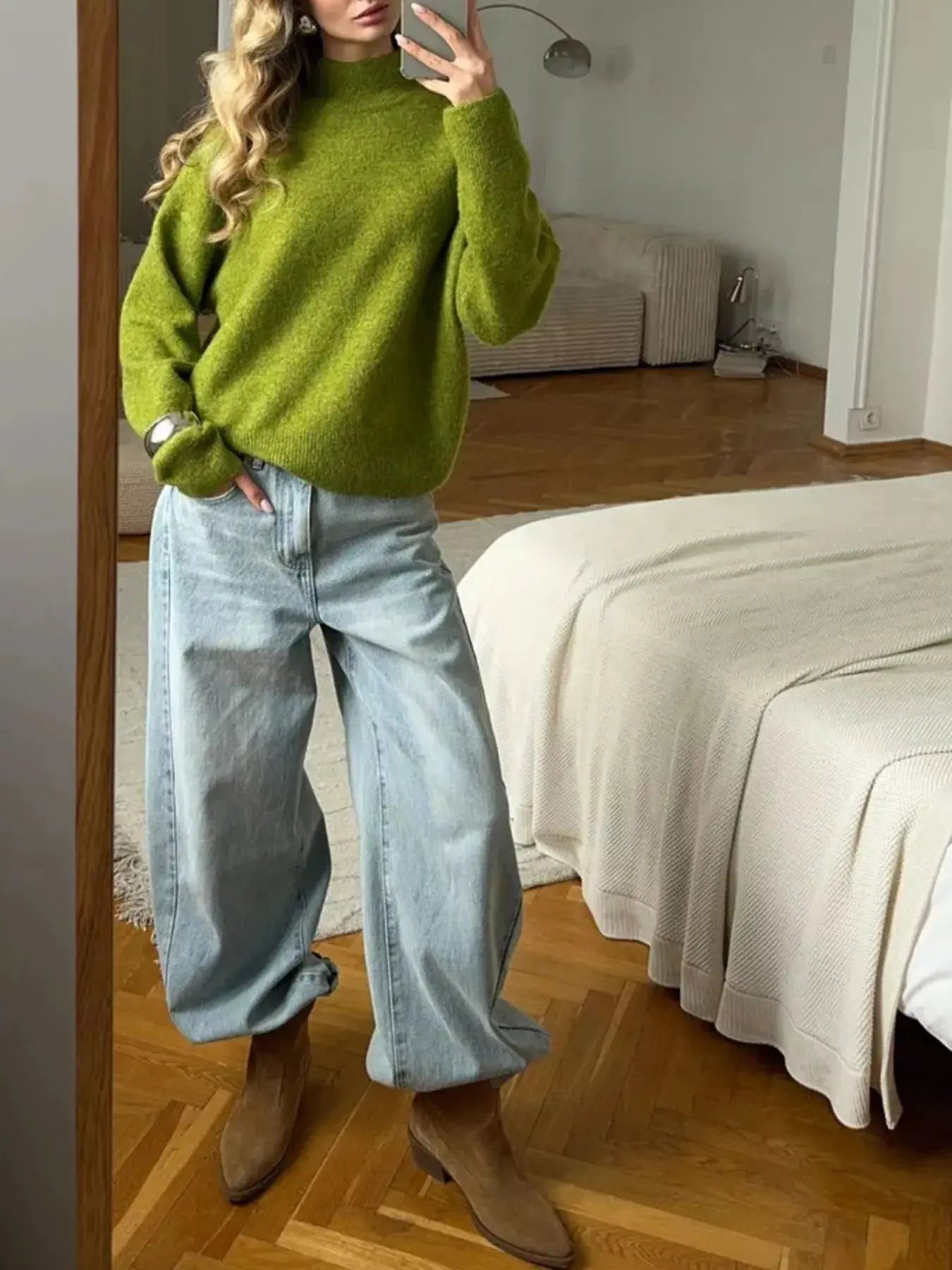 Mock Neck Dropped Shoulder Sweater  Style Ratio