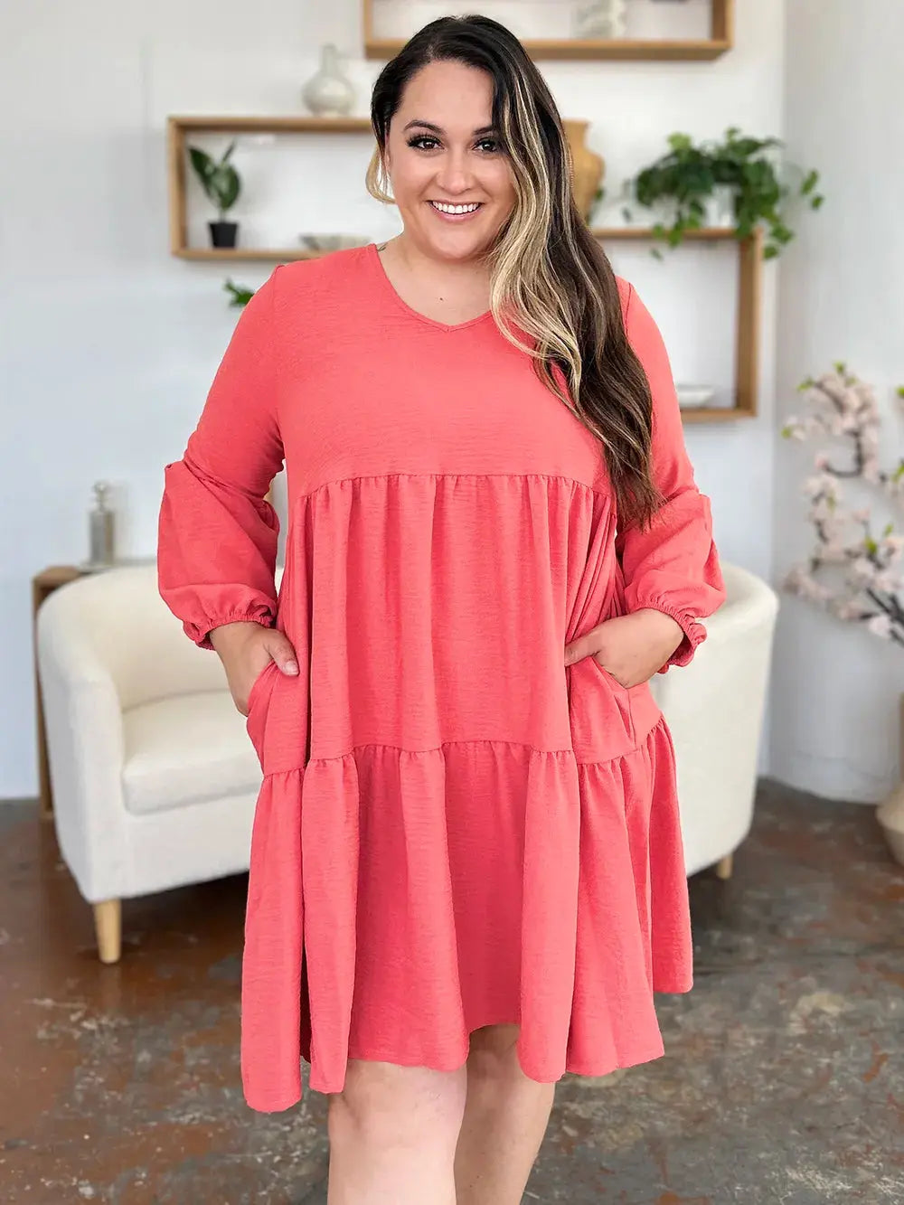 Double Take Full Size V-Neck Balloon Sleeve Tiered Dress with Pockets  Style Ratio