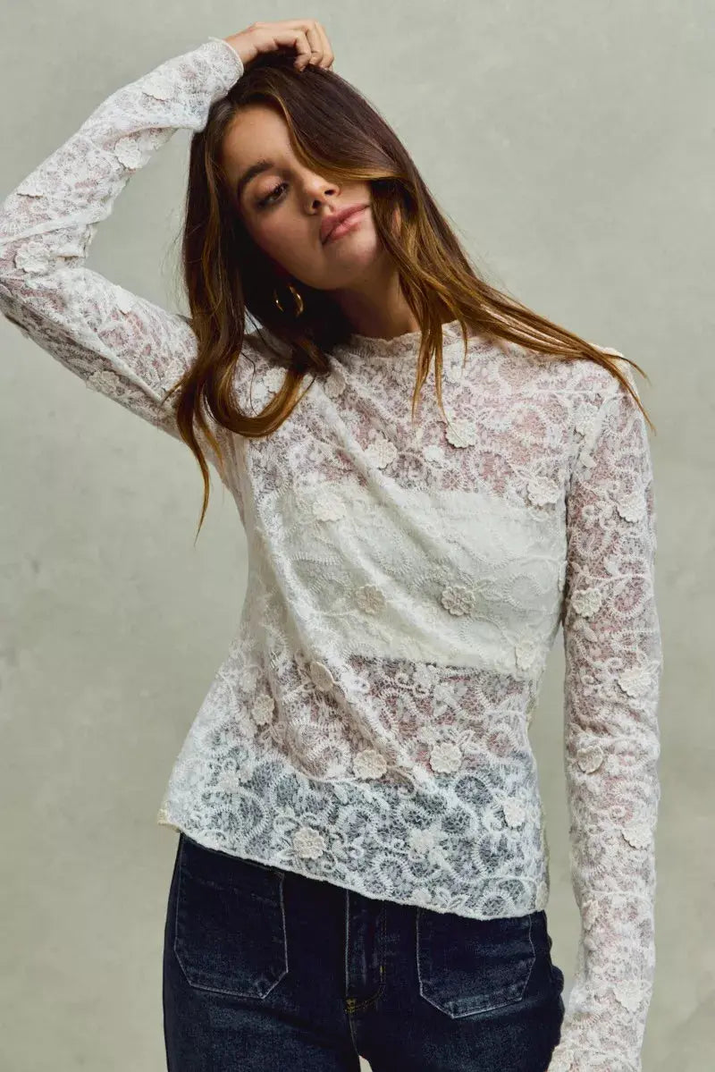 SO ME Lace 3d Effect Floral Layering Long Sleeve Top  Style Ratio
