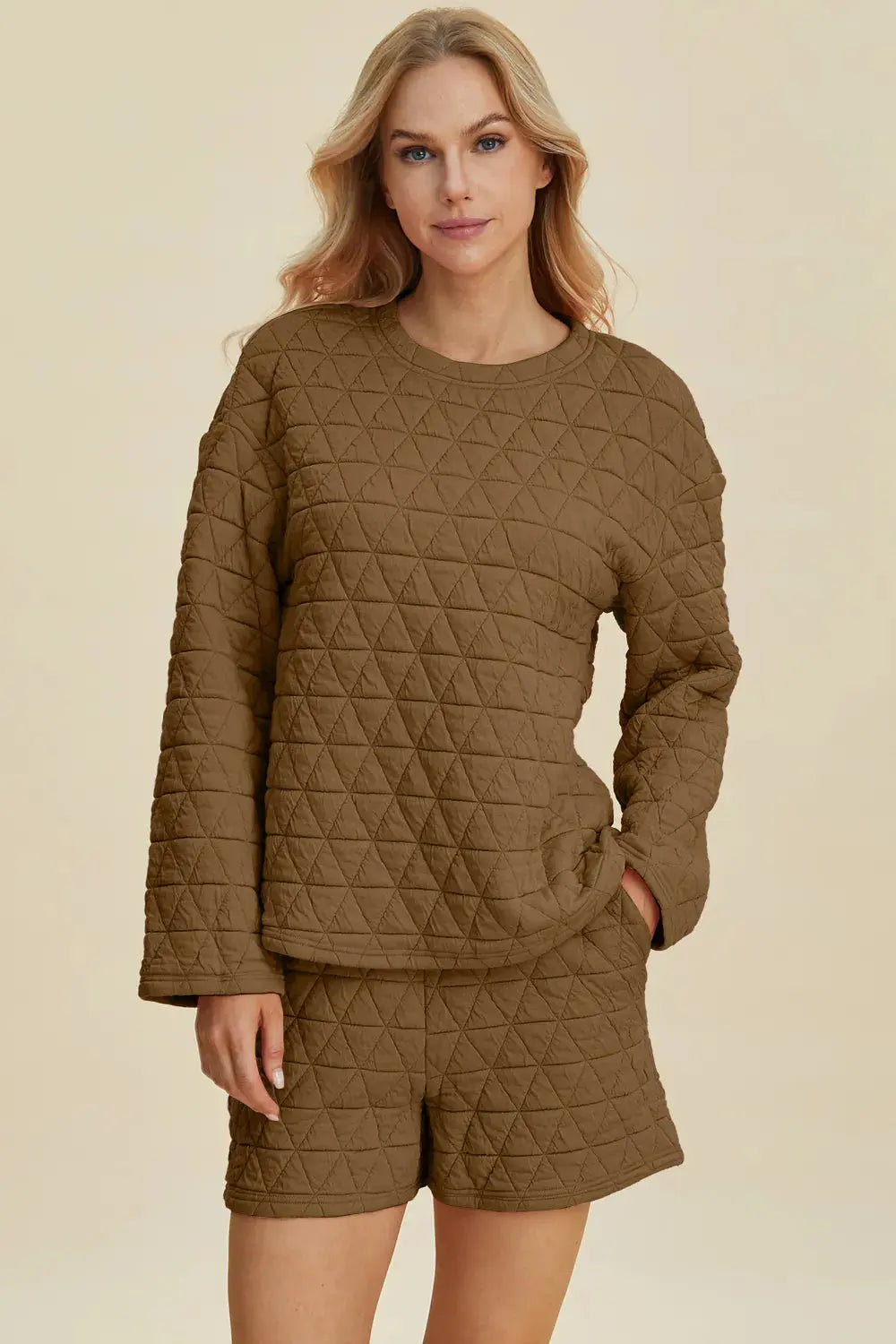 Double Take Texture Round Neck Long Sleeve Top and Shorts Set  Style Ratio