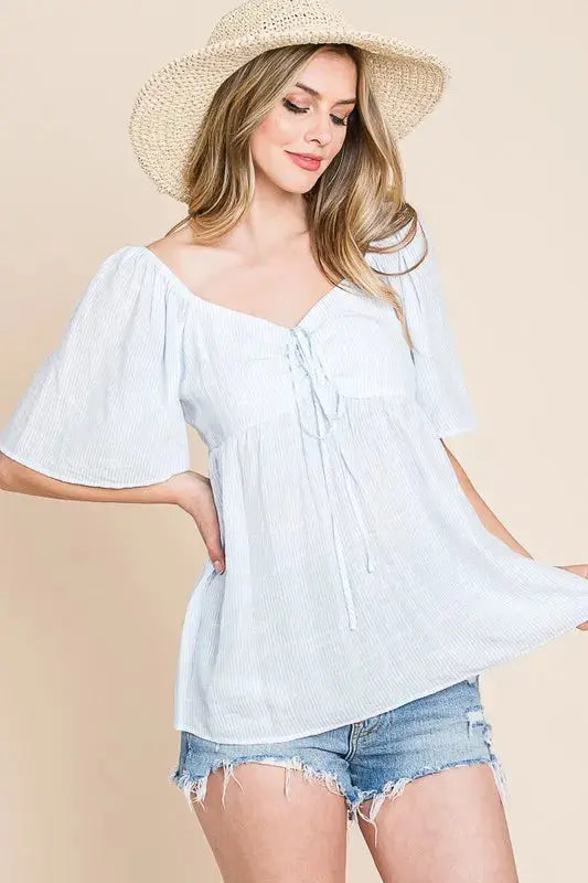 Lime N Chili Thin Striped with Tie Front Babydoll Blouse  Style Ratio