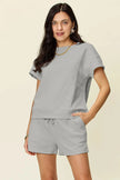 Double Take Full Size Texture Short Sleeve T-Shirt and Drawstring Shorts Set  Style Ratio