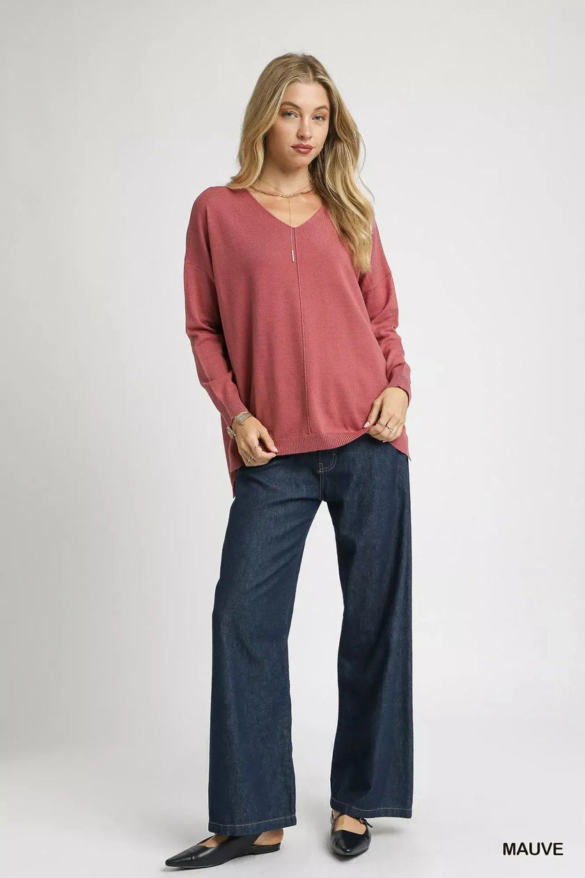 Umgee V Neck High Low Hem Sweatshirt with Side Slit  Style Ratio