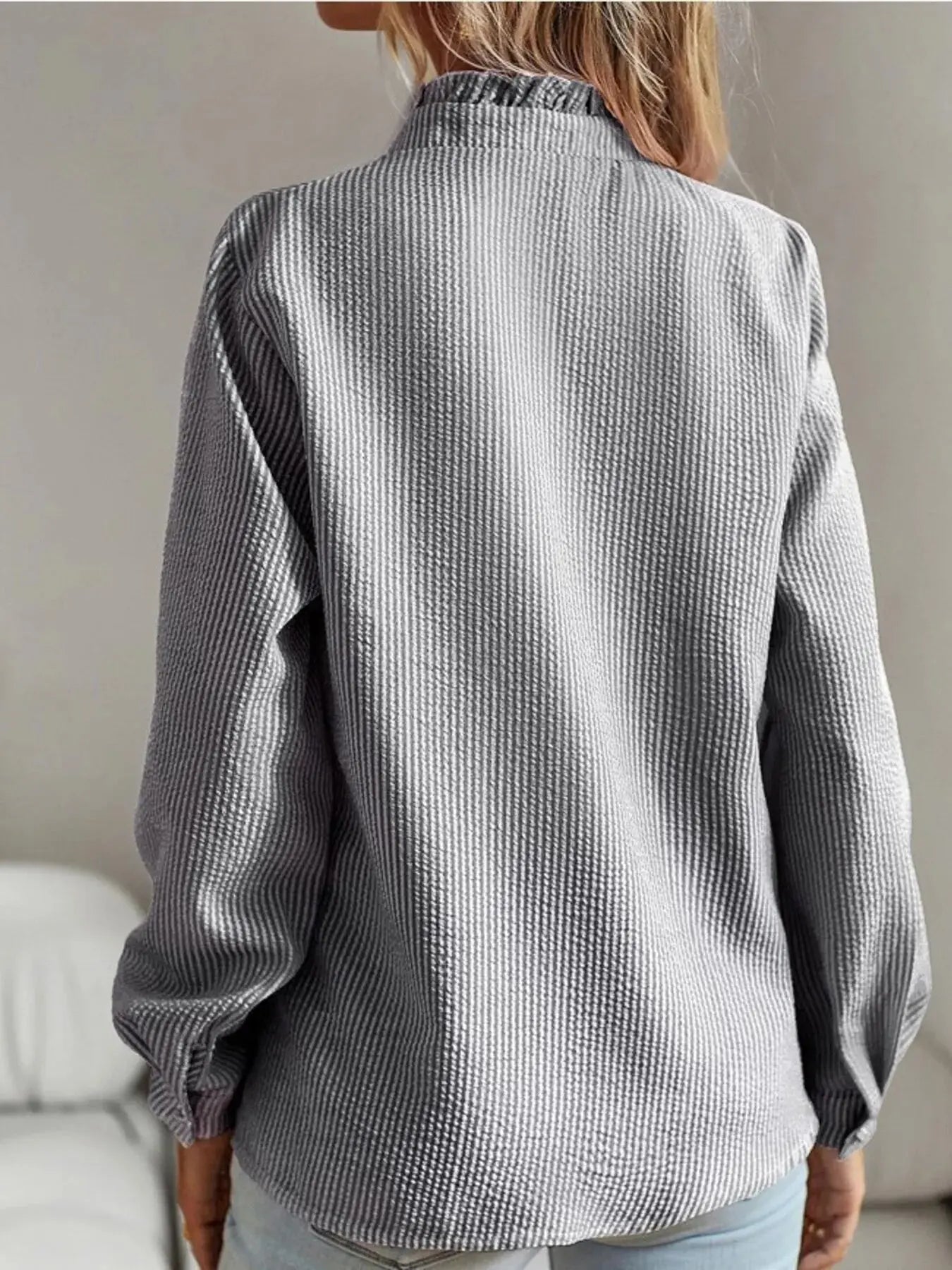Striped Ruffle Detail Button-Up Blouse  Style Ratio