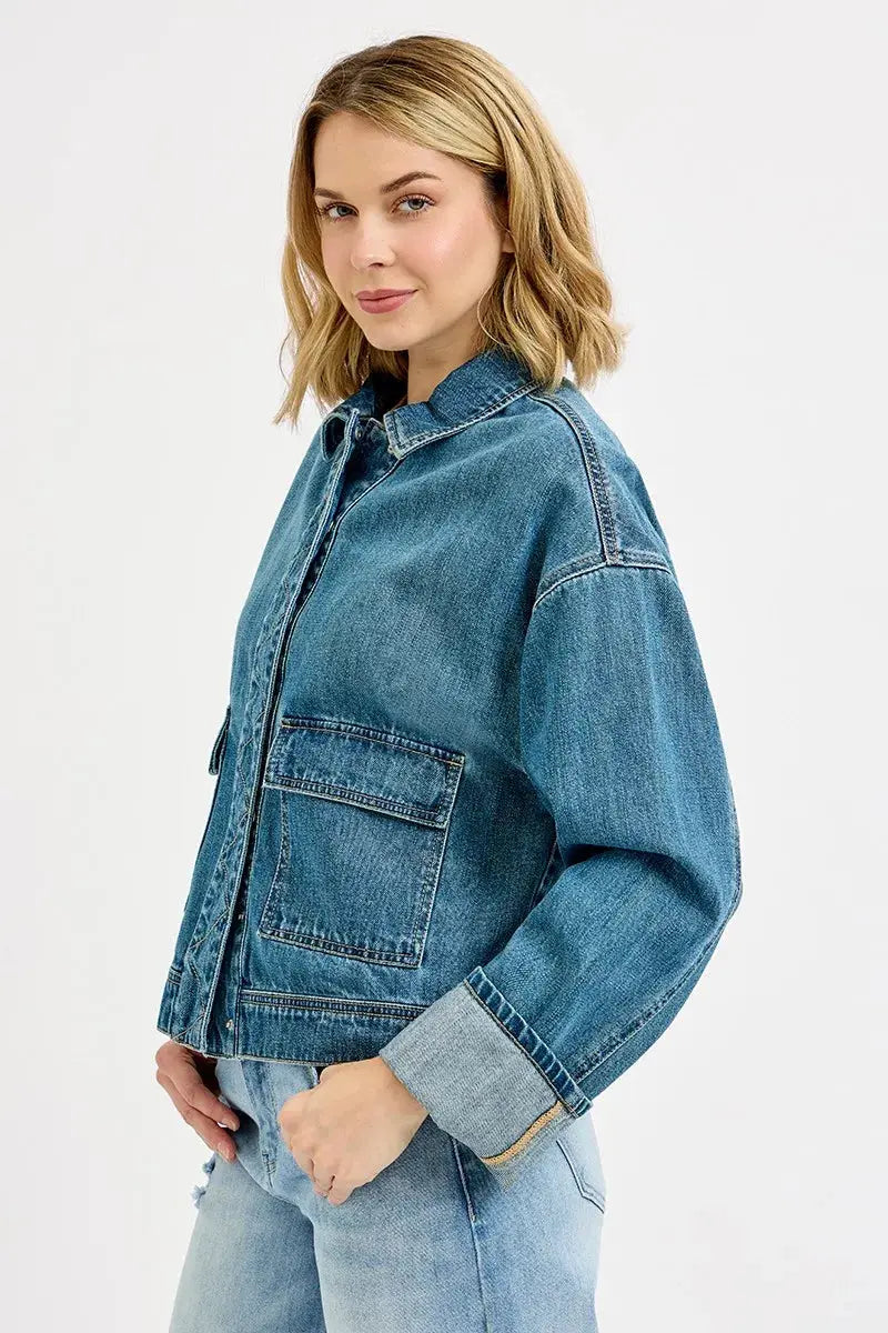 RISEN Oversized Cargo Pocket Denim Jacket with Cuffed Sleeves  Style Ratio