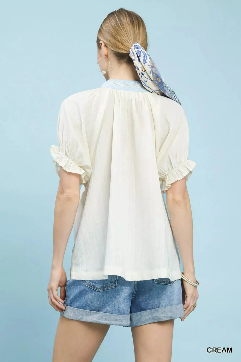 Umgee Textured V-Neck Top with Lace Trim Details  Style Ratio