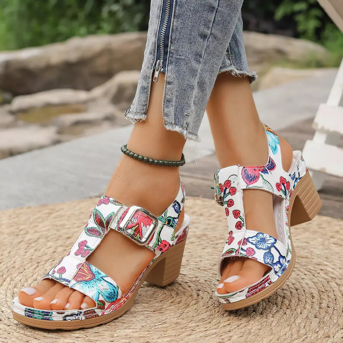 Floral Print Buckle Ankle Strap Block Heel Sandals  Style Ratio