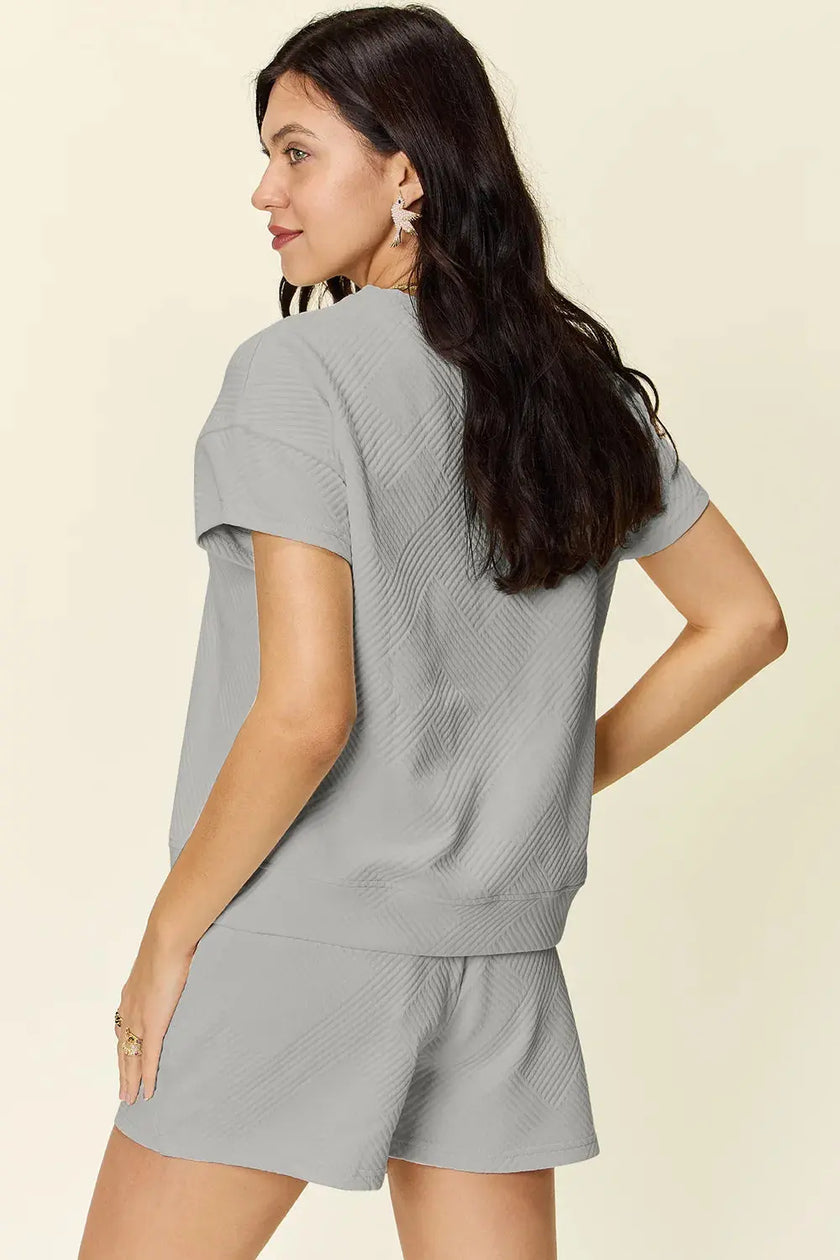 Double Take Full Size Texture Short Sleeve T-Shirt and Drawstring Shorts Set  Style Ratio