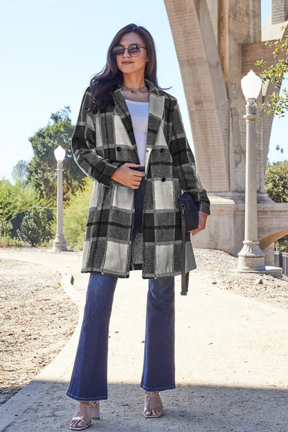 Double Take Plaid Button Up Lapel Collar Coat Trendsi