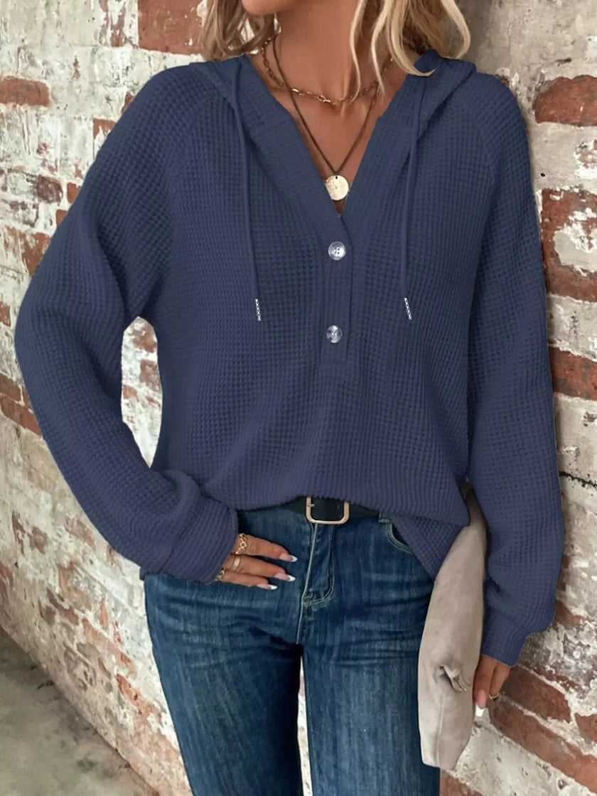 Full Size Button Detail Waffle Knit Hoodie  Style Ratio