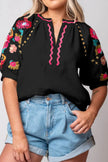 Floral Embroidered Notched Puff Sleeve Blouse  Style Ratio