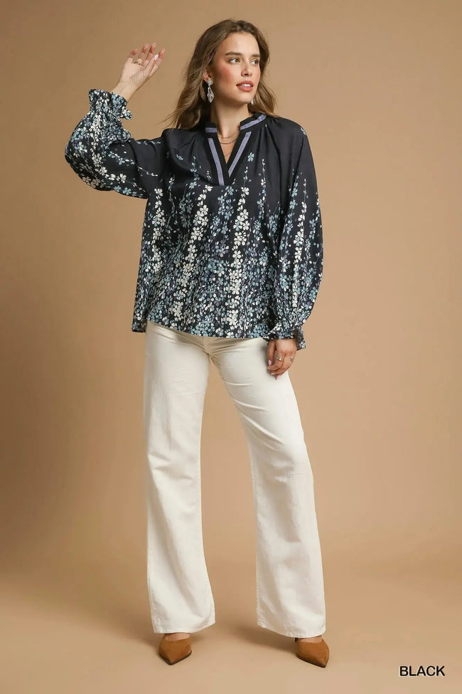Umgee Full Size Floral Vine Print Blouse with Balloon Sleeves  Style Ratio