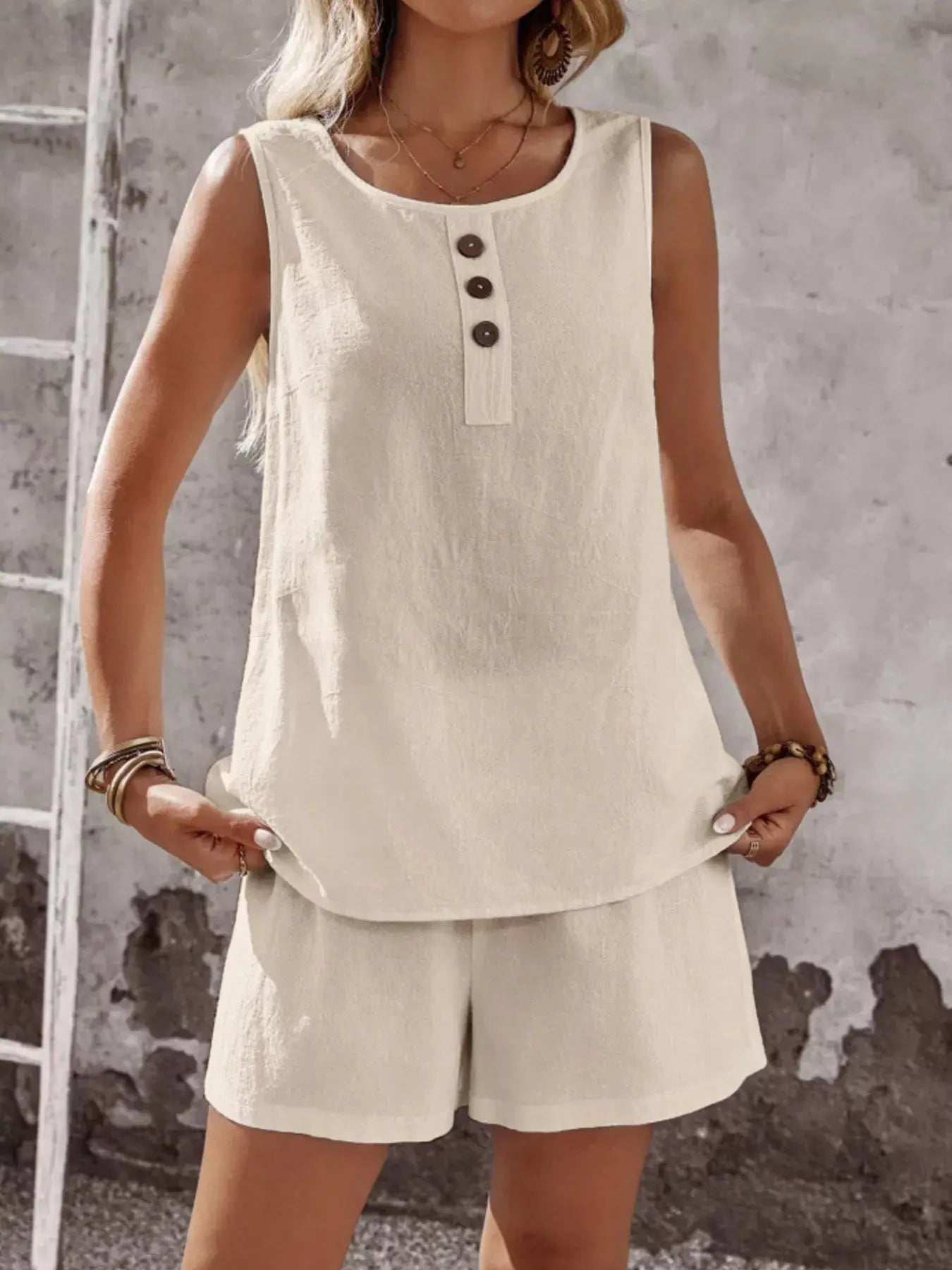 Decor Button Round Neck Tank and Shorts Set  Style Ratio